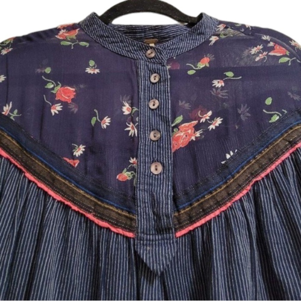 FREE People Navy Blue Pinstripe Sheer Floral Boho Oversized Tunic Blouse Top - Picture 6 of 16